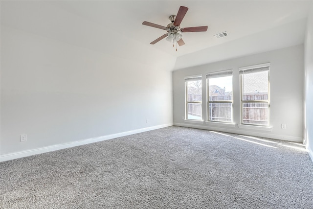 empty room featuring carpet flooring and ceiling fan