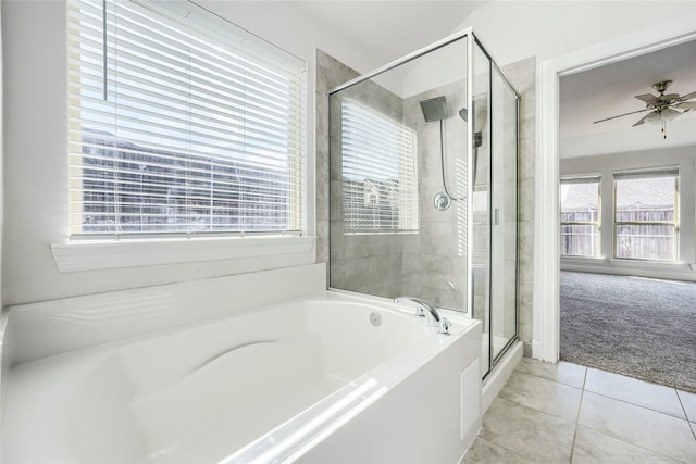 bathroom featuring tile patterned floors, ceiling fan, and separate shower and tub