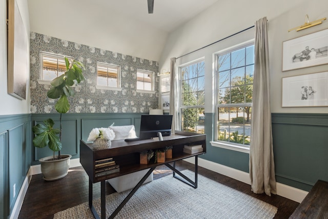 office featuring vaulted ceiling and wood-type flooring