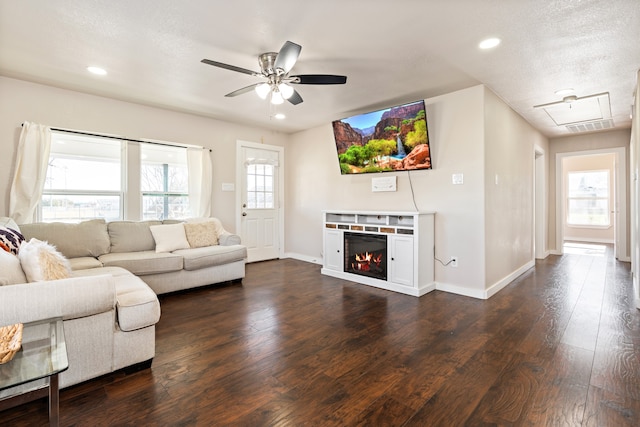 living room with ceiling fan, dark hardwood / wood-style flooring, a wealth of natural light, and a textured ceiling