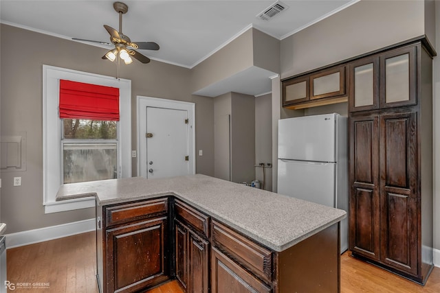 kitchen with ornamental molding, ceiling fan, light hardwood / wood-style floors, and dark brown cabinets