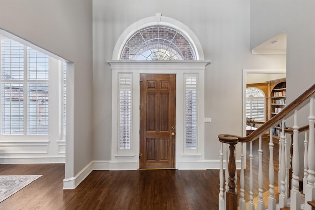 entrance foyer featuring a high ceiling, dark hardwood / wood-style flooring, and a wealth of natural light