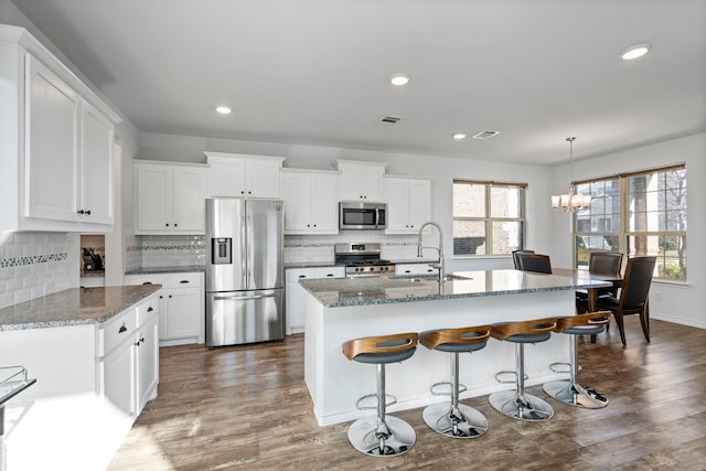 kitchen with sink, white cabinetry, an island with sink, and appliances with stainless steel finishes