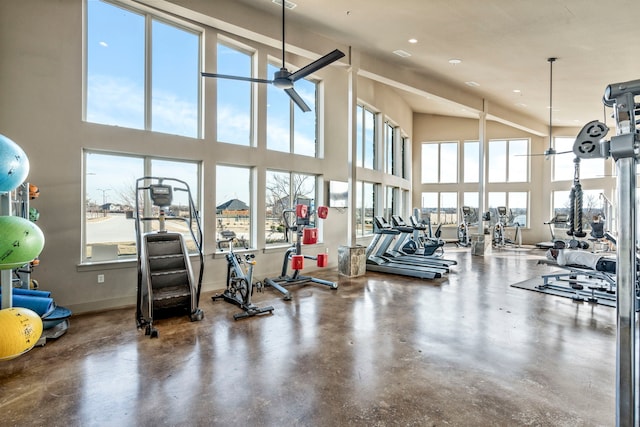 workout area featuring ceiling fan