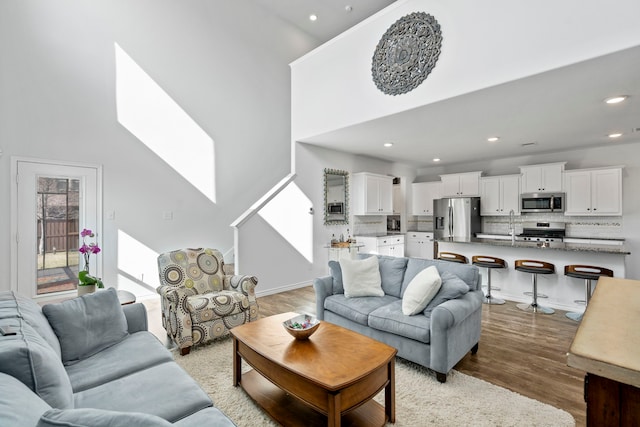 living room with a high ceiling, light hardwood / wood-style flooring, and sink