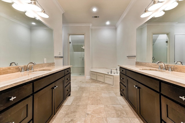 bathroom featuring vanity, independent shower and bath, and crown molding