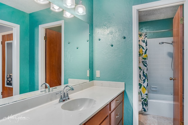 full bathroom featuring a textured ceiling, shower / tub combo with curtain, tile patterned flooring, toilet, and vanity