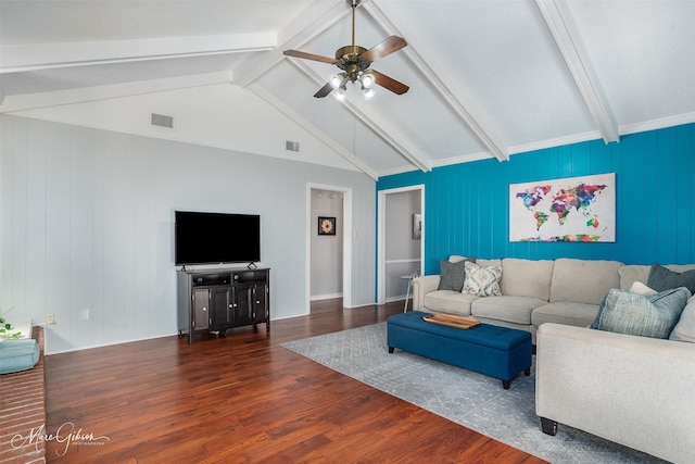 living room with ceiling fan, vaulted ceiling with beams, and dark hardwood / wood-style floors