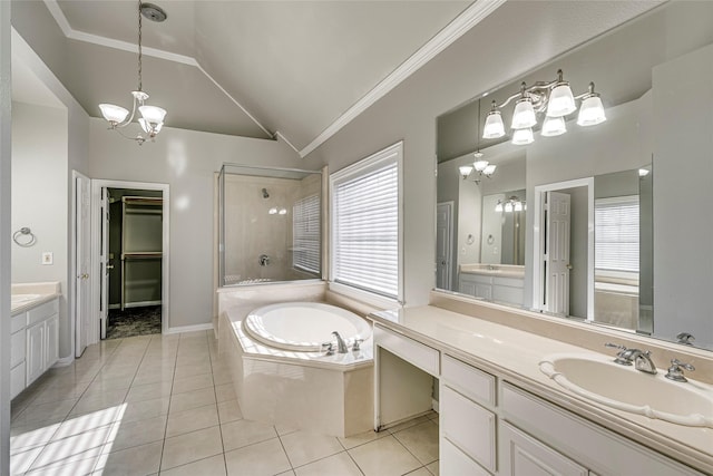 bathroom featuring lofted ceiling, shower with separate bathtub, tile patterned flooring, and a notable chandelier