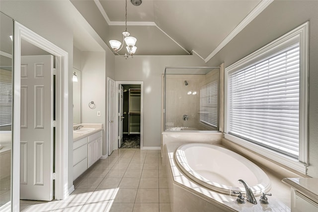 bathroom with shower with separate bathtub, a chandelier, tile patterned flooring, ornamental molding, and vanity