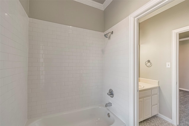 bathroom featuring shower / bathing tub combination, crown molding, and vanity