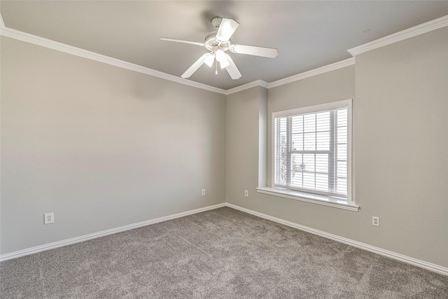 unfurnished room with light colored carpet, ceiling fan, and ornamental molding