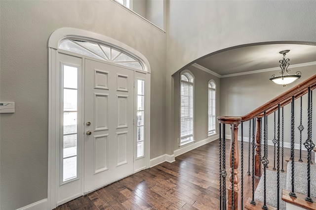 foyer with crown molding and dark hardwood / wood-style flooring