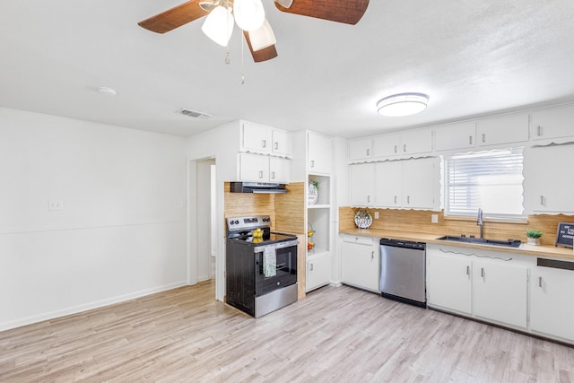 kitchen featuring sink, white cabinets, ceiling fan, stainless steel appliances, and light hardwood / wood-style flooring