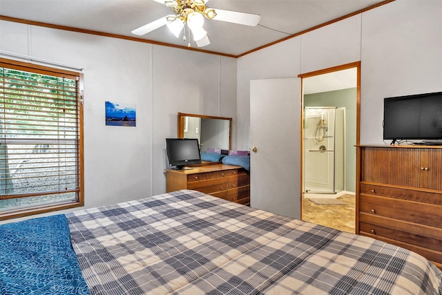 bedroom featuring ensuite bathroom, ceiling fan, and crown molding