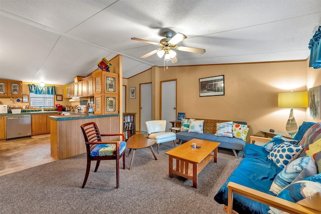 living room with carpet flooring, a textured ceiling, ceiling fan, and vaulted ceiling