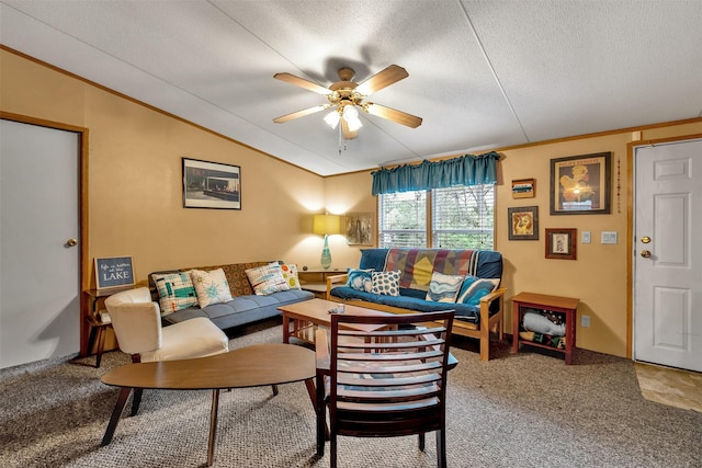 carpeted living room with a textured ceiling and ceiling fan