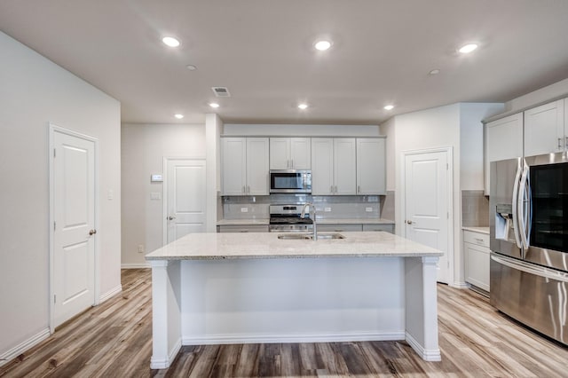 kitchen with a kitchen island with sink, appliances with stainless steel finishes, sink, light hardwood / wood-style flooring, and tasteful backsplash