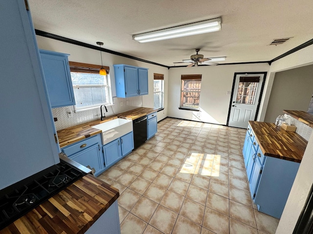 kitchen featuring butcher block counters, blue cabinets, and sink