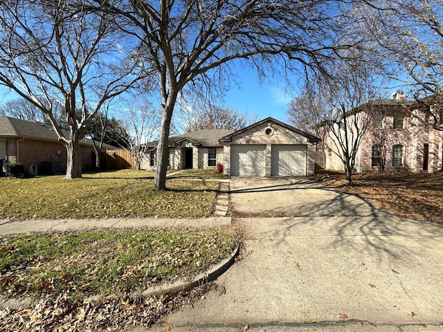 single story home with a garage and a front lawn