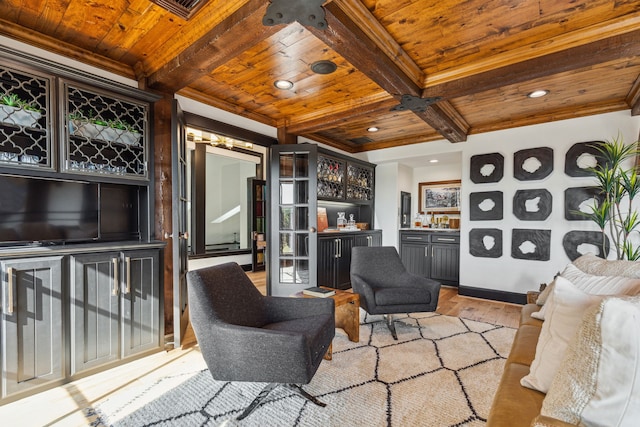 living area with bar, light wood-type flooring, beam ceiling, and wooden ceiling