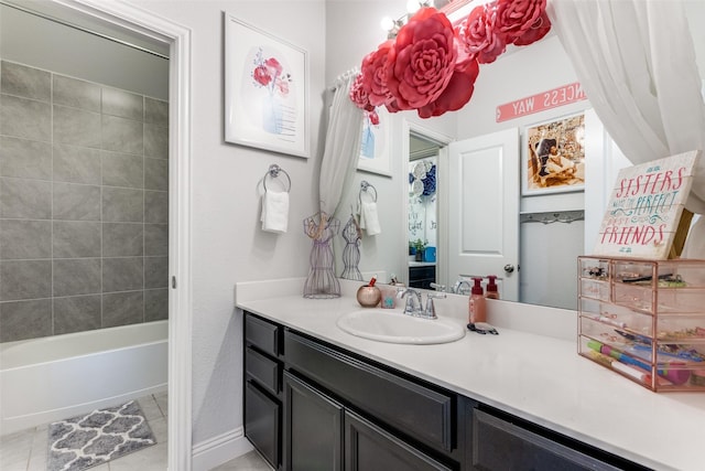 bathroom featuring vanity, shower / bath combination with curtain, and tile patterned floors