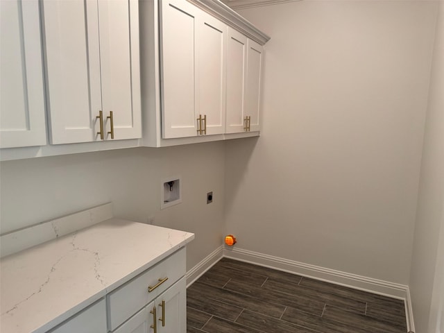 686 Newburyport St, Blanchard, LA 71107 - laundry area with electric dryer hookup, cabinet space, hookup for a washing machine, baseboards, and dark wood-style floors