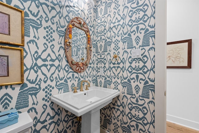 bathroom featuring sink, wood-type flooring, and toilet