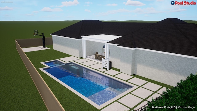 view of swimming pool with an in ground hot tub and a lawn