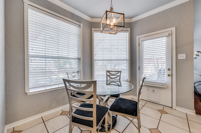 tiled dining room with a chandelier and ornamental molding