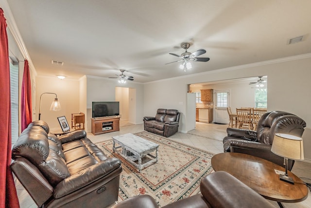 tiled living room with crown molding