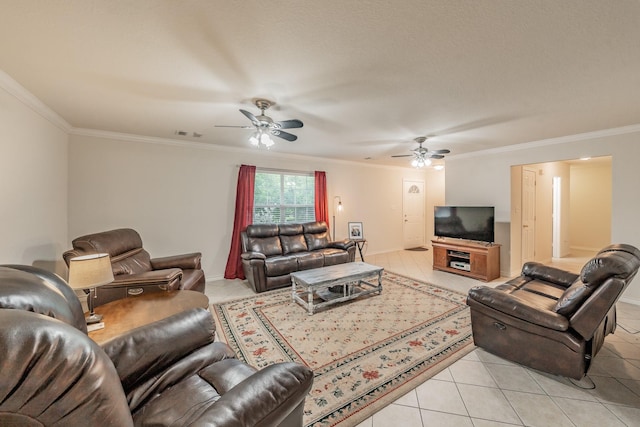 living room featuring ceiling fan, ornamental molding, and light tile patterned floors