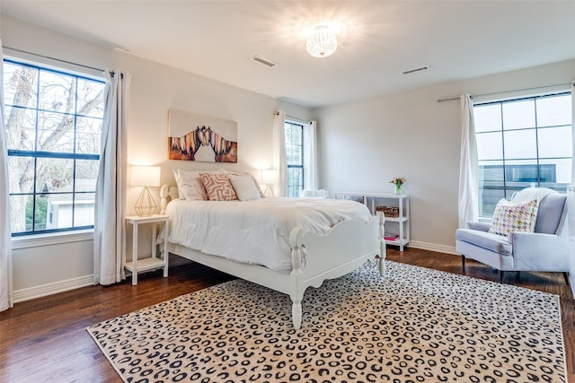 bedroom featuring dark hardwood / wood-style flooring and multiple windows