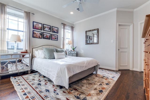 bedroom with ceiling fan, crown molding, and dark wood-type flooring