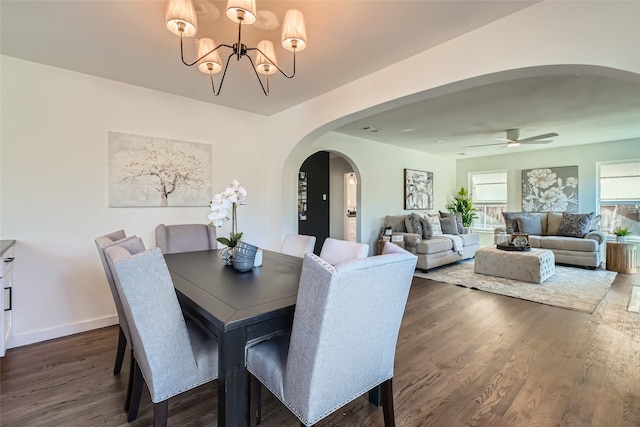 dining room featuring ceiling fan with notable chandelier and dark hardwood / wood-style floors