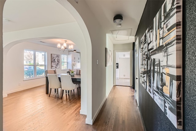 hall with a notable chandelier and wood-type flooring