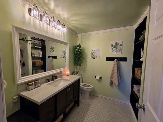 bathroom with tile patterned flooring, a chandelier, toilet, crown molding, and vanity