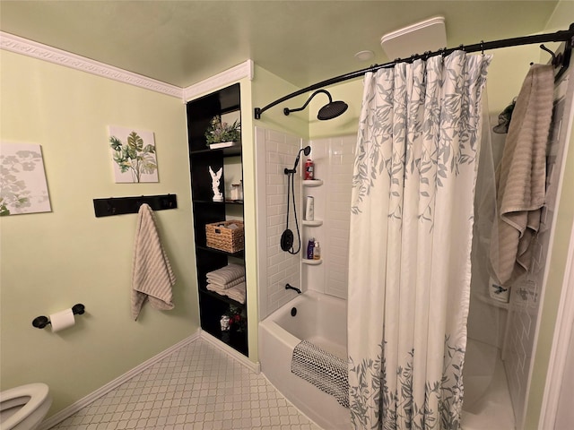 bathroom with toilet and shower / tub combo with curtain