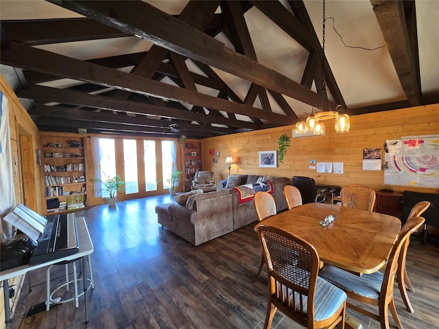 dining room featuring wood walls, lofted ceiling with beams, a notable chandelier, dark hardwood / wood-style flooring, and built in features