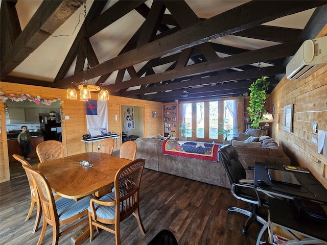 dining area with hardwood / wood-style flooring, an AC wall unit, wood walls, and vaulted ceiling with beams