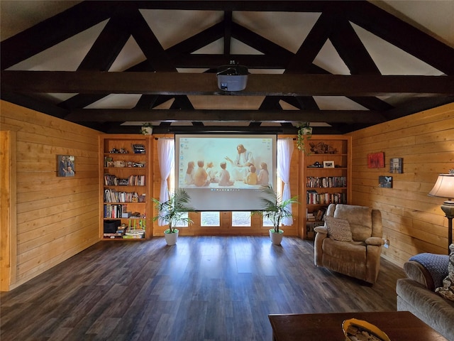 unfurnished room featuring lofted ceiling with beams, wood walls, and dark hardwood / wood-style floors