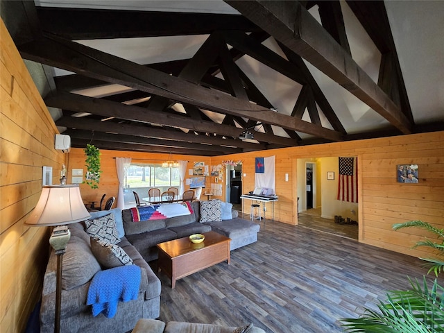 living room featuring high vaulted ceiling, wooden walls, beamed ceiling, and hardwood / wood-style floors