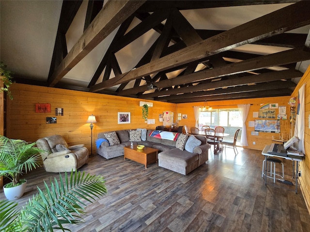 living room featuring high vaulted ceiling, wood walls, beamed ceiling, and dark hardwood / wood-style floors