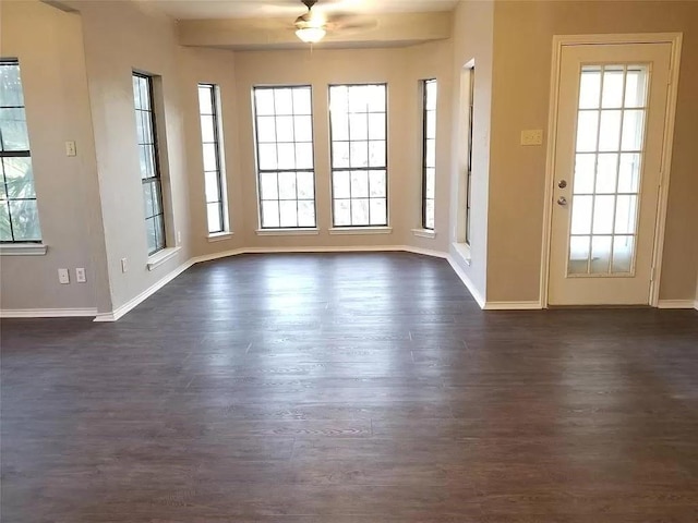 interior space with ceiling fan, plenty of natural light, and dark wood-type flooring