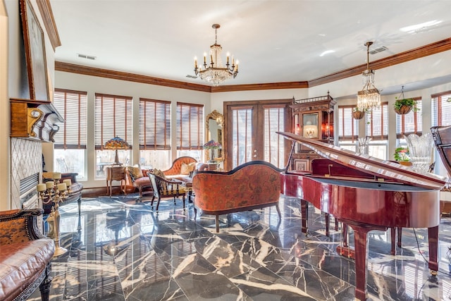 interior space with an inviting chandelier, a multi sided fireplace, ornamental molding, and french doors