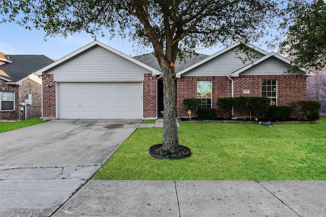 ranch-style home with a front lawn and a garage