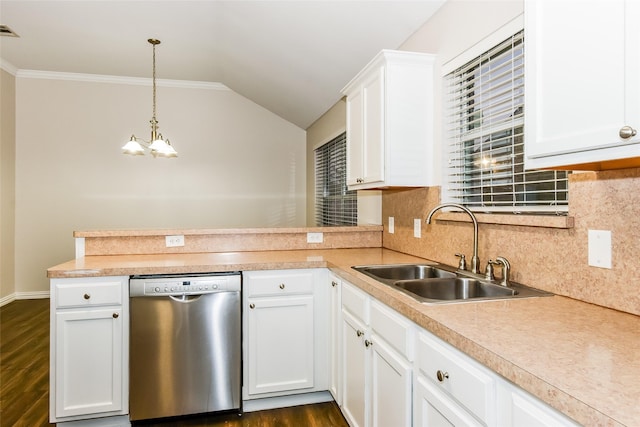 kitchen with pendant lighting, sink, white cabinetry, an inviting chandelier, and stainless steel dishwasher