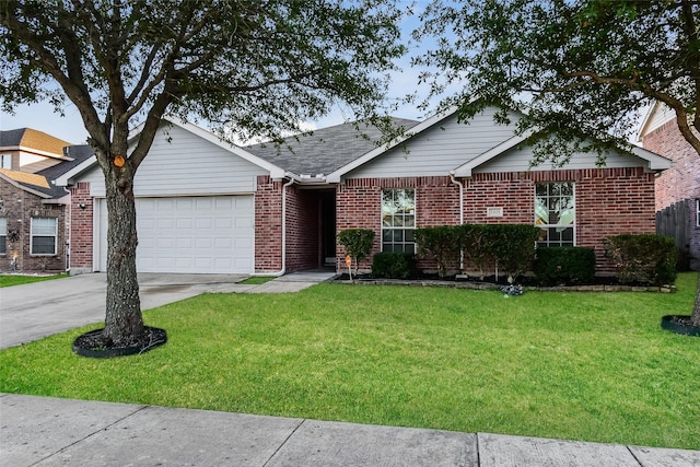 ranch-style home with a garage and a front lawn