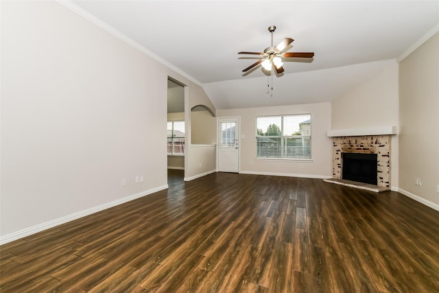 unfurnished living room with lofted ceiling, dark hardwood / wood-style flooring, and ceiling fan