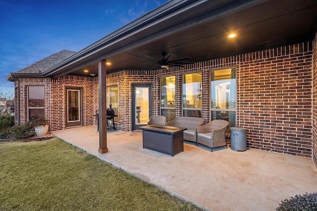 view of patio featuring an outdoor living space, ceiling fan, and area for grilling